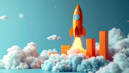 Orange rocket launching through clouds over growing graphs