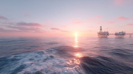 Offshore Oil Rig Platform at Sunset in Ocean with Pink Sky and Calm Water Reflecting Sunlight and Energy Production in Industrial Landscape