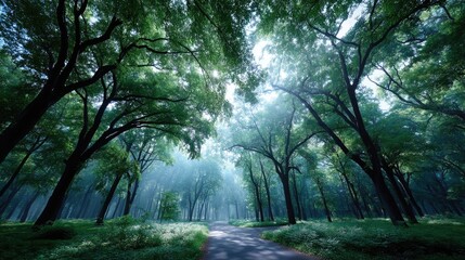 Obraz premium Sunlight Filtering Through Green Canopy in Forest with Sunlight and Leaves Landscape Scenery Serene Nature Greenery Environment Outdoors