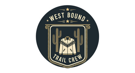 Fototapeta premium A circular logo for 'West Bound Trail Crew' featuring a fringed cowboy jacket, two cacti, stars, and rope-like borders, evoking a Western adventure theme.