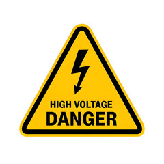 A yellow triangular warning sign with a black border, featuring a black lightning bolt symbol and the text "HIGH VOLTAGE DANGER" in black capital letters.