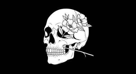 Detailed white line art illustration of a human skull with blooming flowers growing from its top and a stem emerging from its mouth on a black background.