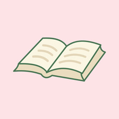 Minimalist flat illustration of an open book with blank pages on pastel pink background, symbolizing knowledge, education, literature, and reading habits.