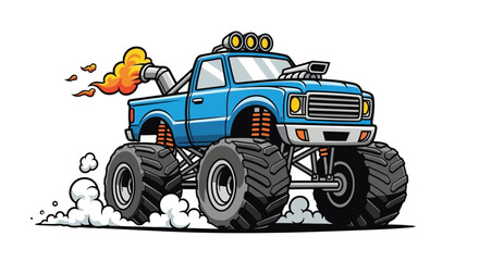 A cartoon illustration of a blue monster truck with large wheels, lifted suspension, and an exhaust pipe spewing smoke and flames.