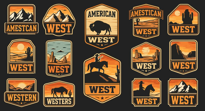 A collection of vintage American West badges and emblems featuring landscapes, animals, and cowboys in a retro style.