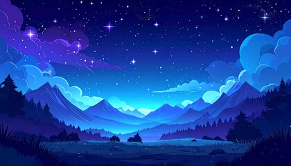 A cartoon landscape with rolling mountains, a dark forested foreground, and a starry night sky filled with clouds