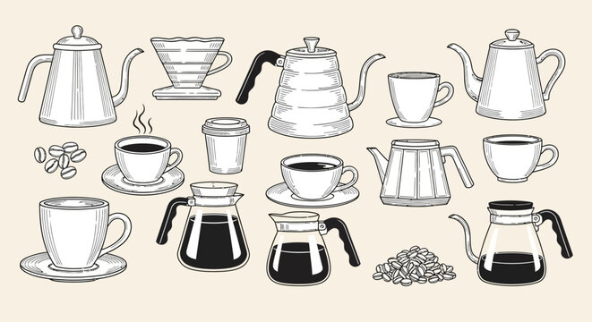 A collection of hand-drawn coffee brewing equipment and cups, including kettles, drippers, pots, and beans in a monochrome style.