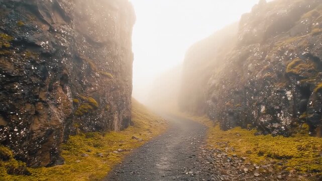 Misty mountain path between towering rock formations