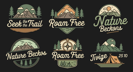 A collection of six vintage-style outdoor adventure logos featuring mountains, trees, and inspirational text like 'Seek the Trail', 'Roam Free', and 'Nature Beckons'.
