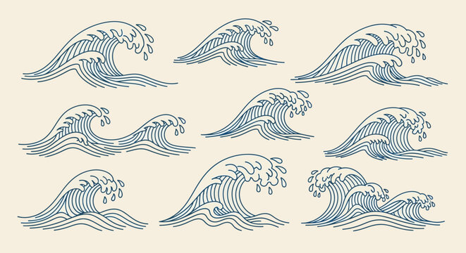 Set of vintage hand-drawn ocean waves in blue line art style, depicting various forms and movements of water, on a light background.