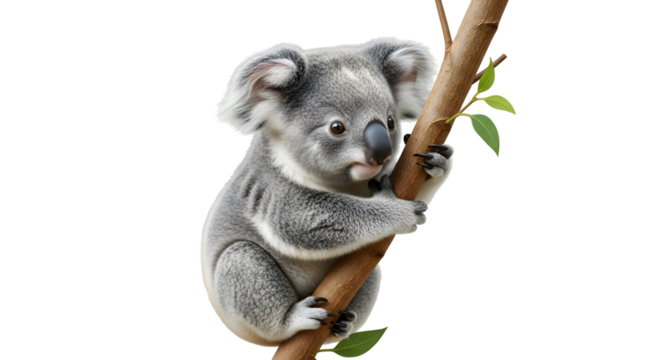 Adorable koala clinging to eucalyptus branch, showcasing nature's gentle charm and the simple joys of wildlife for heartwarming projects