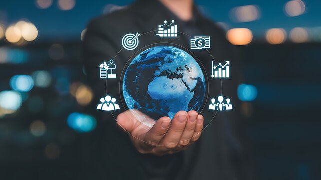 Businessperson holding globe with finance icons representing global commerce strategy and international business