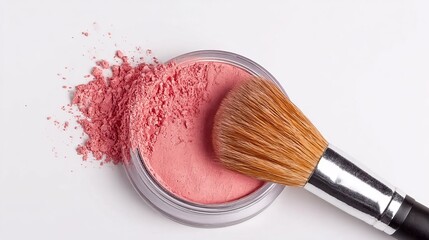 A close-up of a pink blush compact with a makeup brush resting on it, showcasing the texture and color of the cosmetic product against a clean white background.