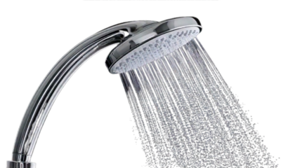 Modern Rainfall Showerhead with Water Droplets PNG.