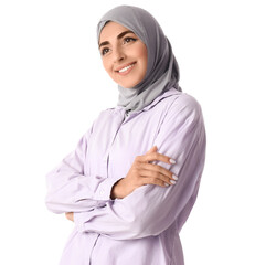 Dreaming Muslim woman on white background