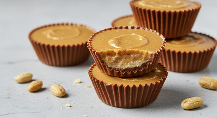 Delicious vegan peanut butter cups stacked with a bite taken out
