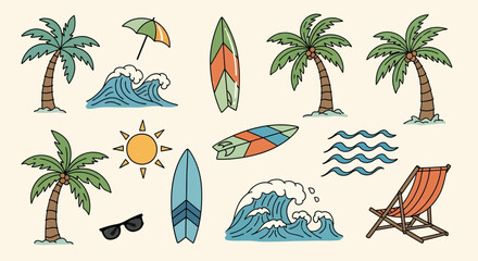 Obraz premium A collection of hand-drawn summer beach elements in a retro style, including palm trees, surfboards, and waves.