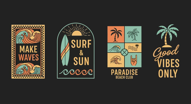 A collection of four vintage-style surfing and beach-themed graphic emblems with inspirational quotes on a dark background.