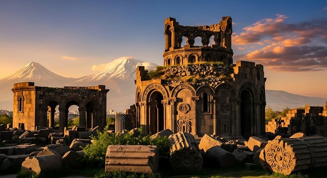 Ancient Georgian Church Ruins Sunrise Mountain View.