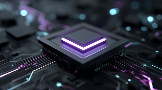 Computer processor sits centered on a complex circuit board with glowing purple pathways to showcase the core hardware components of high performance computing and modern electronic engineering.