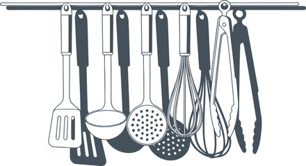 Minimalist kitchen utensils hanging on chrome bar vector illustration