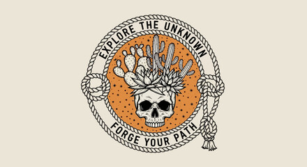 Vintage style illustration of a skull with cacti and succulents, encircled by a rope with inspirational text.