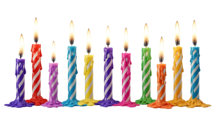 Colorful striped birthday candles burning brightly against a for celebration and festive occasions bringing joy and happiness to events on transparent background