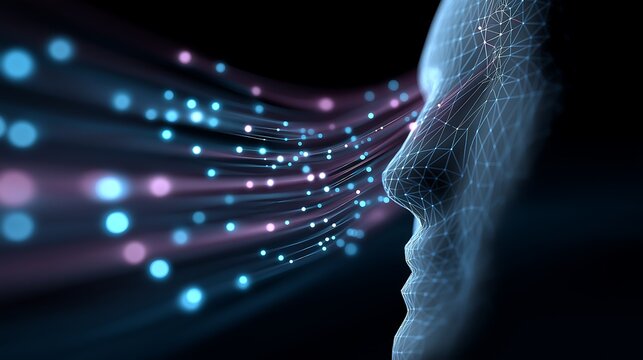 Human head profile made of light points emits streams of glowing blue and pink data particles to illustrate the concept of mind connectivity and high-speed information transfer.