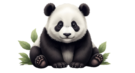Adorable panda bear cub sitting with leaves looking directly at the viewer with a sweet and gentle expression on transparent background