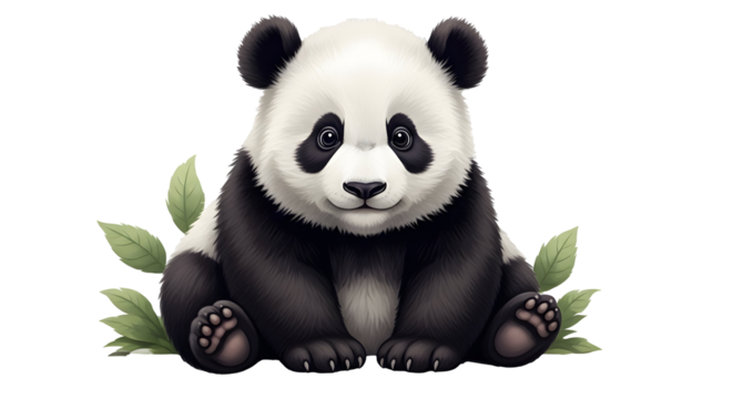 Adorable panda bear cub sitting with leaves looking directly at the viewer with a sweet and gentle expression on transparent background