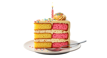 Indulgent slice of layered vanilla and strawberry cake with bright frosting, sprinkles and lit birthday candle on plate