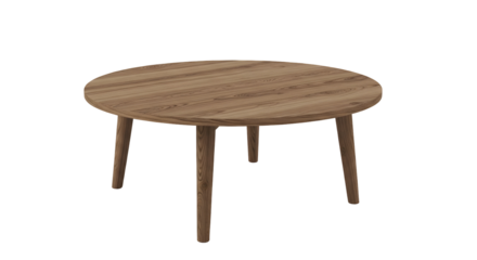 Round wooden coffee table with three legs against a showcasing minimalist design and natural wood grain texture for home decor ideas on transparent background