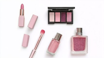 A collection of pink and purple makeup products including lipstick, eyeshadow palette, nail polish, and perfume arranged on a white background.