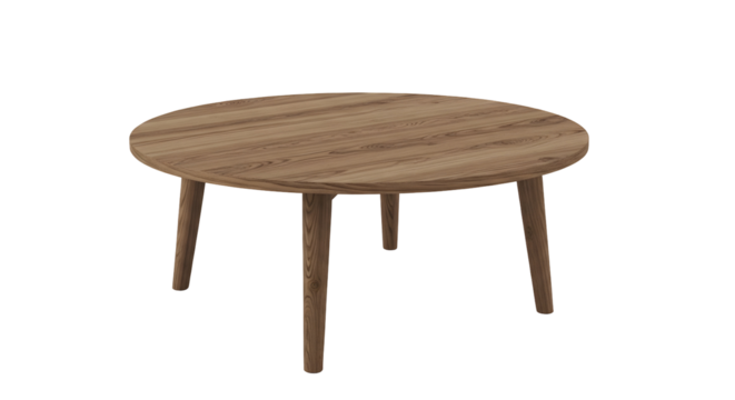 Round wooden coffee table with three legs against a showcasing minimalist design and natural wood grain texture for home decor ideas on transparent background