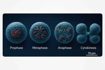 Microscopic illustration depicting the four stages of cell division: prophase, metaphase, anaphase, and cytokinesis, showcasing chromosome behavior and cell splitting.
