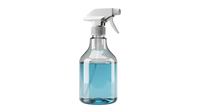 Clear spray bottle filled with blue liquid against a for cleaning and hygiene product promotion and advertising purposes on transparent background