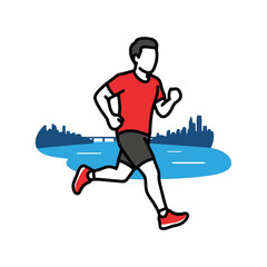 Fototapeta premium Man running in red shirt and black shorts with city skyline in the, depicting healthy lifestyle and outdoor activity, isolated on transparent