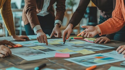 Close up group of colleagues working together on a new marketing plan using sticky notes and documents