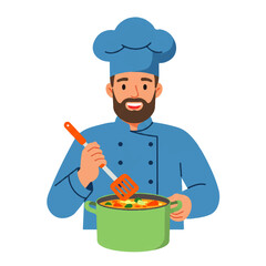Smiling chef in blue uniform stirs a pot of soup with a spatula, preparing a meal.