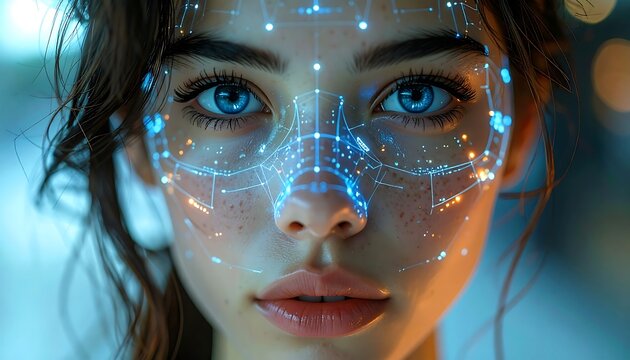 A close-up portrait of a woman with bright blue eyes, enhanced with glowing, futuristic facial technology