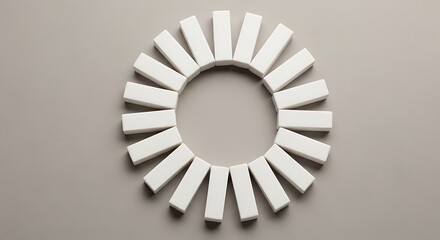 Minimalistic circular arrangement of white rectangles on neutral background