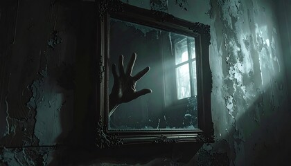 Shadowy hand reaching from inside a dark framed mirror, mystery vibe
