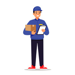 Delivery man in uniform holding a package and clipboard, ready to deliver goods with a smile.