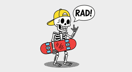 Fototapeta premium Cartoon skeleton wearing a yellow cap, holding a red skateboard, making a rock gesture, and exclaiming 'RAD!'.