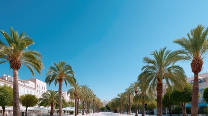Obraz premium Palm Trees Under Bright Blue Sky in Summer Tropical Coastal Scenery with Buildings and Sunlight in Background