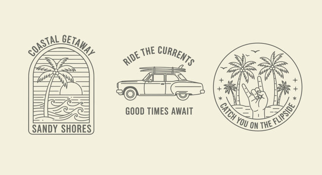 Three minimalist line art illustrations depicting coastal getaways, a vintage car with surfboards, and a beach scene with palm trees and a peace sign, all on a light background.