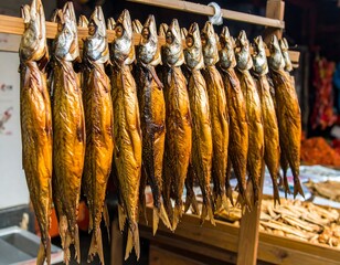 Smoked fish hanging on a wooden rack