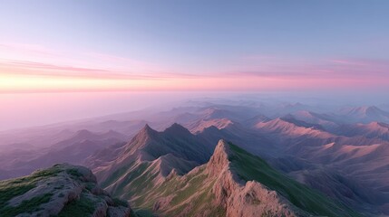 Panoramic Sunrise Over Rocky Mountain Peaks with Misty Valleys and Purple Sky with Cinematic Lighting in Landscape Orientation