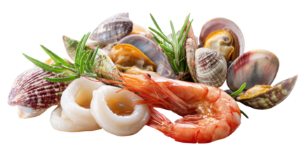 Fresh seafood assortment with shrimp scallops and shellfish isolated on transparent background