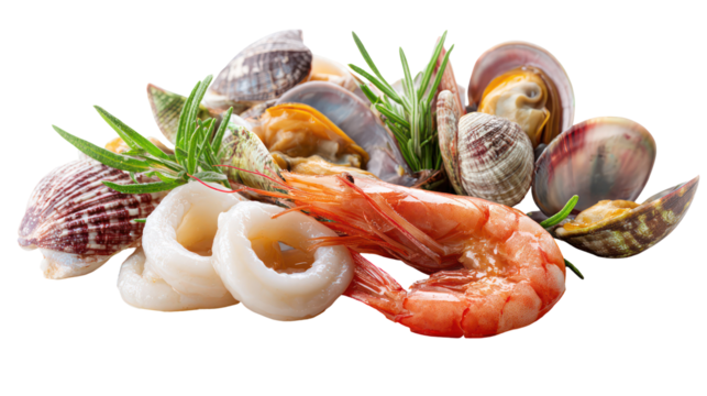 Fresh seafood assortment with shrimp scallops and shellfish isolated on transparent background